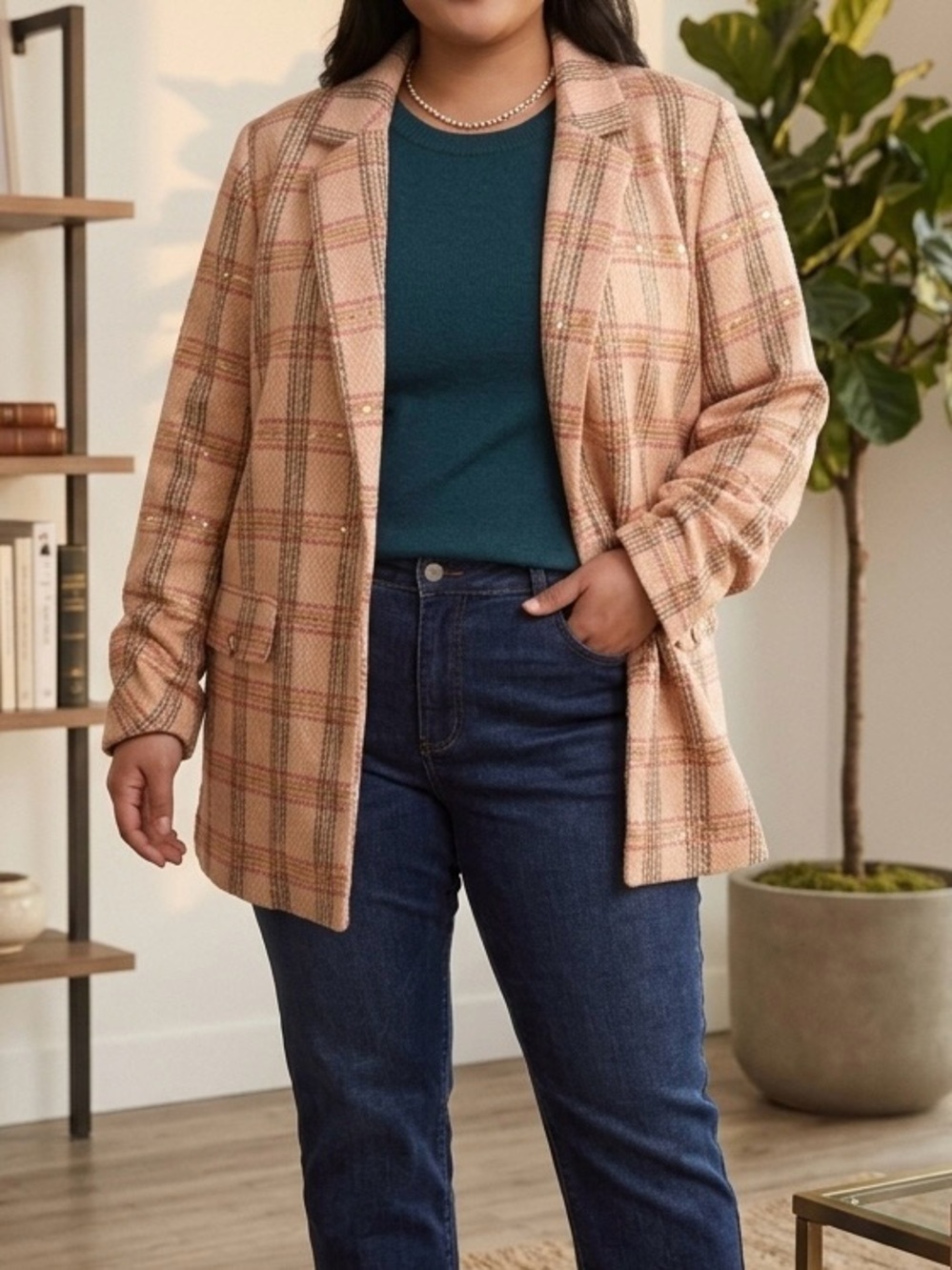 NWT Alice Blue Plaid Blazer Open Front Ruched Sleeve XL